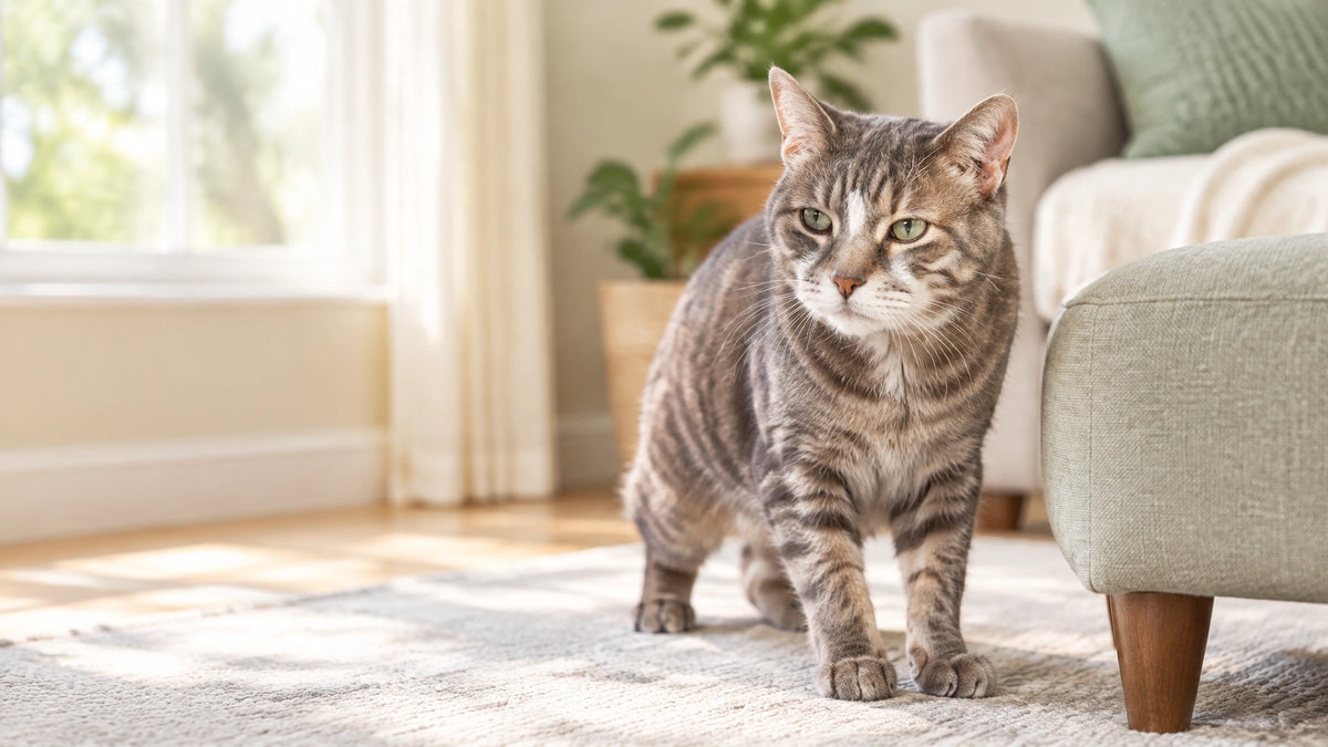 Senior cat pausing beside a low ottoman rather than jumping to a favorite perch