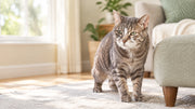 Senior cat pausing beside a low ottoman rather than jumping to a favorite perch