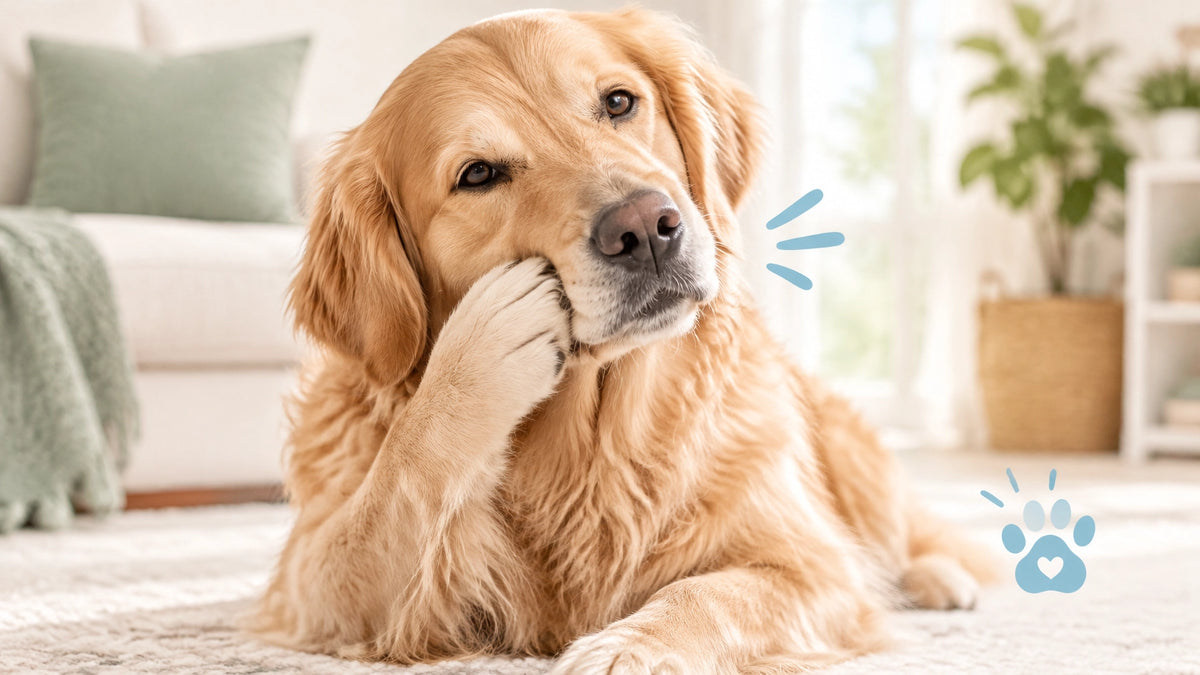 Calm golden retriever at home during an allergy health assessment