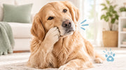 Calm golden retriever at home during an allergy health assessment