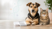 A healthy dog and cat beside an at-home pet age testing kit with a subtle DNA illustration