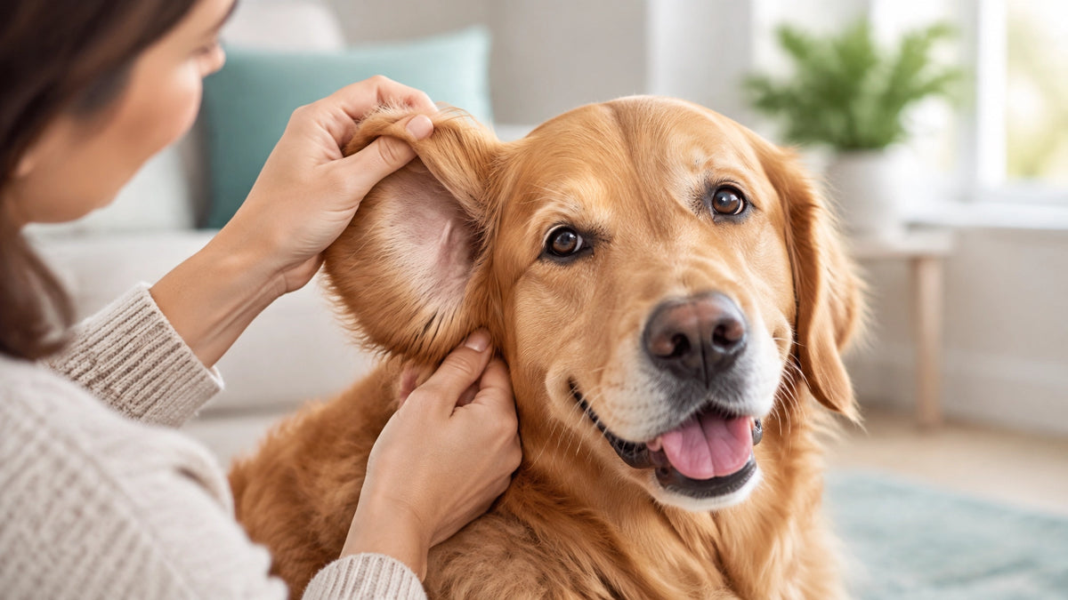 A calm golden retriever at home while their pet parent gently checks one ear