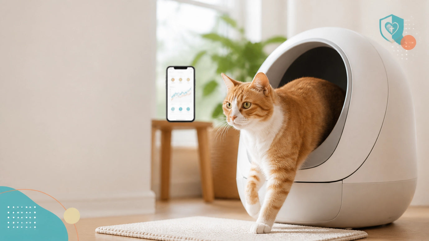 Calm orange-and-white cat using a modern smart litter box while subtle health data appears on a smartphone in the background