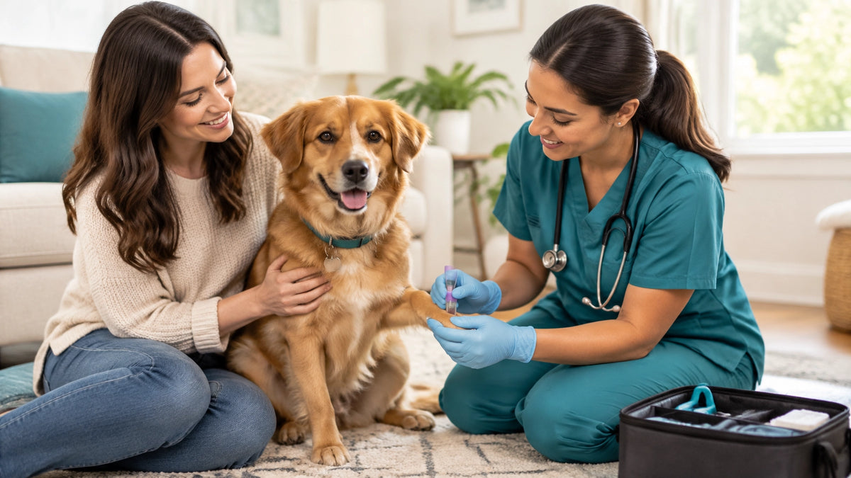 A dog relaxes at home with a pet parent while a veterinary technician prepares for a calm study visit