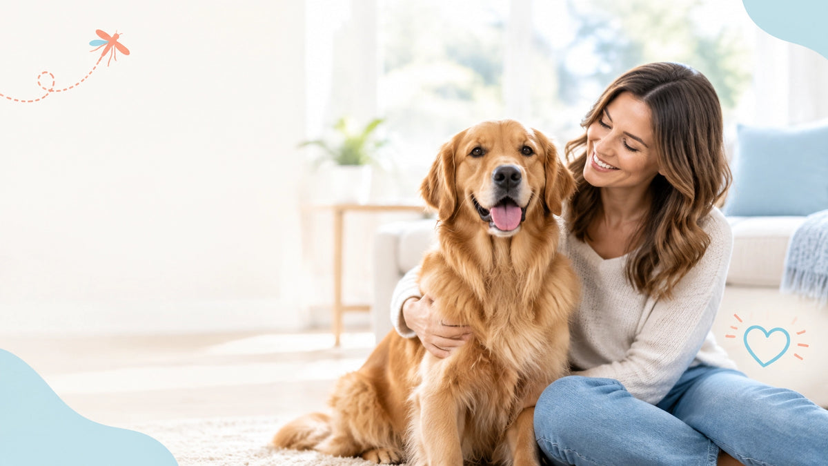Healthy golden retriever relaxing beside a pet parent during a heartworm prevention discussion