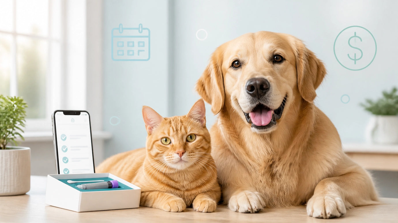 Relaxed dog and cat beside an at-home pet wellness kit, calendar, and cost comparison graphics
