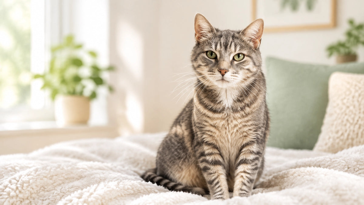 A calm senior tabby cat at home, looking attentive in soft natural light