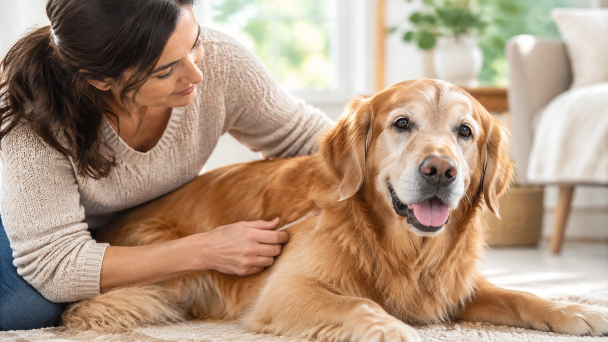 A senior golden retriever relaxing at home with their pet parent