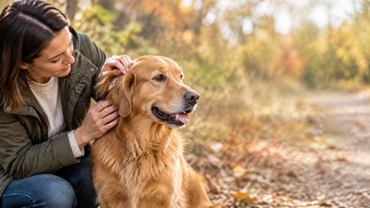A pet parent gently checks their dog’s ears and neck for ticks on an autumn walk