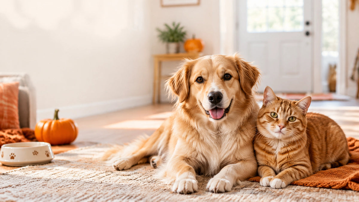 A relaxed dog and cat enjoying a calm, pet-safe Halloween at home
