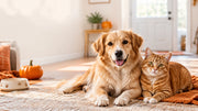 A relaxed dog and cat enjoying a calm, pet-safe Halloween at home