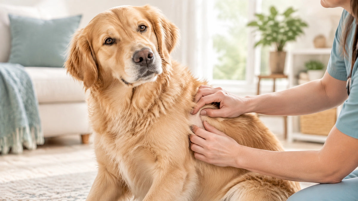 A relaxed dog at home as a person gently checks its skin