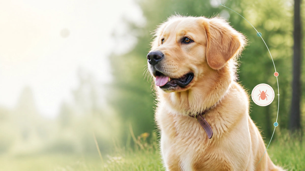 Golden retriever outdoors with a subtle tick disease timeline illustration