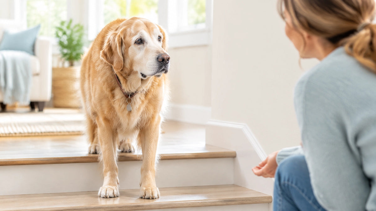 Senior dog hesitating at indoor steps while a pet parent offers gentle support