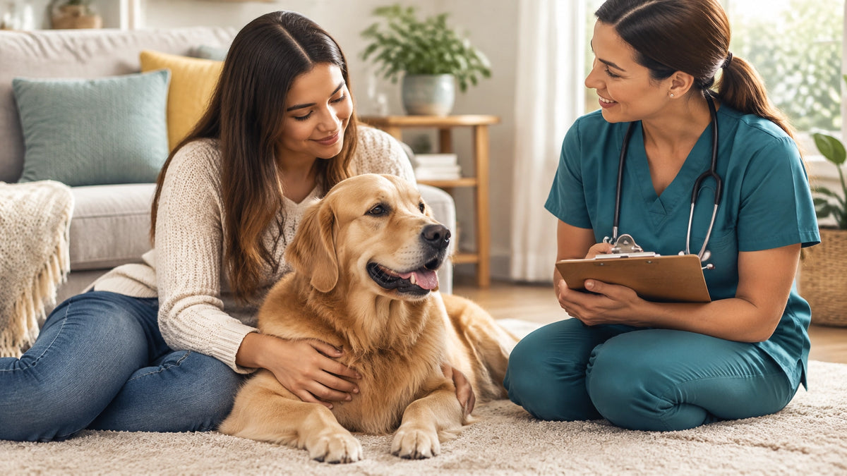 A dog relaxes at home with its pet parent and a veterinary technician during a heartworm study visit