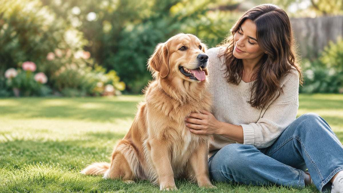 A relaxed dog spending time with their owner in a grassy backyard