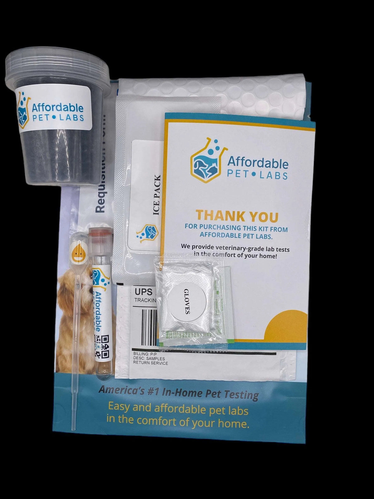 Affordable Pet Labs home diagnostic collection kit with sample supplies, instructions, and return packaging