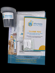 Affordable Pet Labs home diagnostic collection kit with sample supplies, instructions, and return packaging
