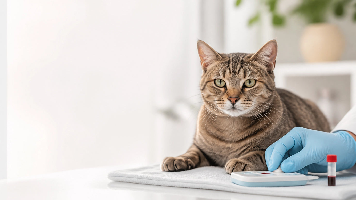 Calm cat beside a veterinary blood-testing kit at home